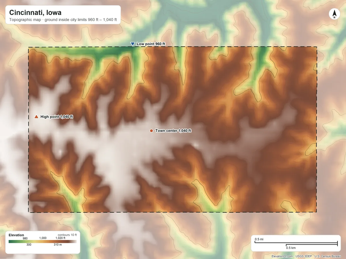 Topographic elevation map of Cincinnati, Iowa, shaded from 960 ft on the north side to 1,040 ft on the west side