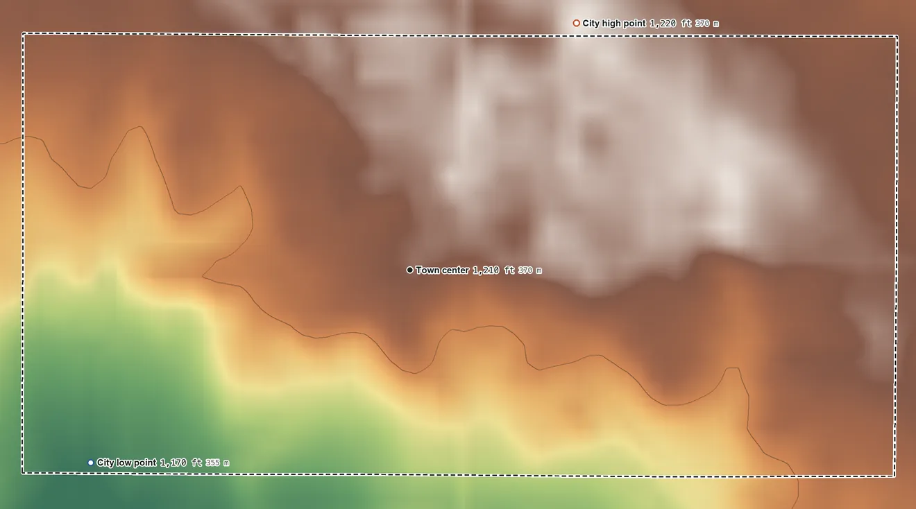 Topographic elevation map of Clare, Iowa, shaded from 1,170 ft on the southwest side to 1,220 ft on the northeast side