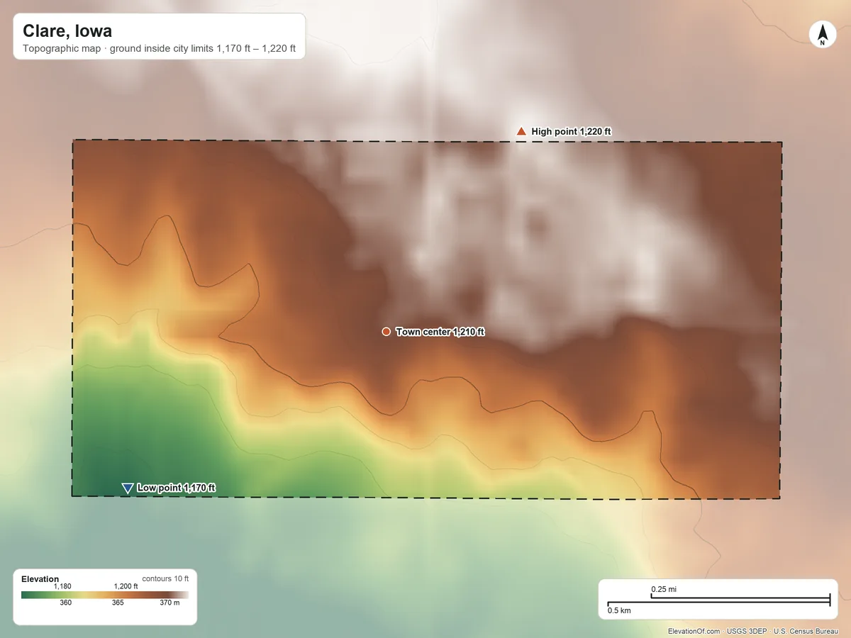 Topographic elevation map of Clare, Iowa, shaded from 1,170 ft on the southwest side to 1,220 ft on the northeast side