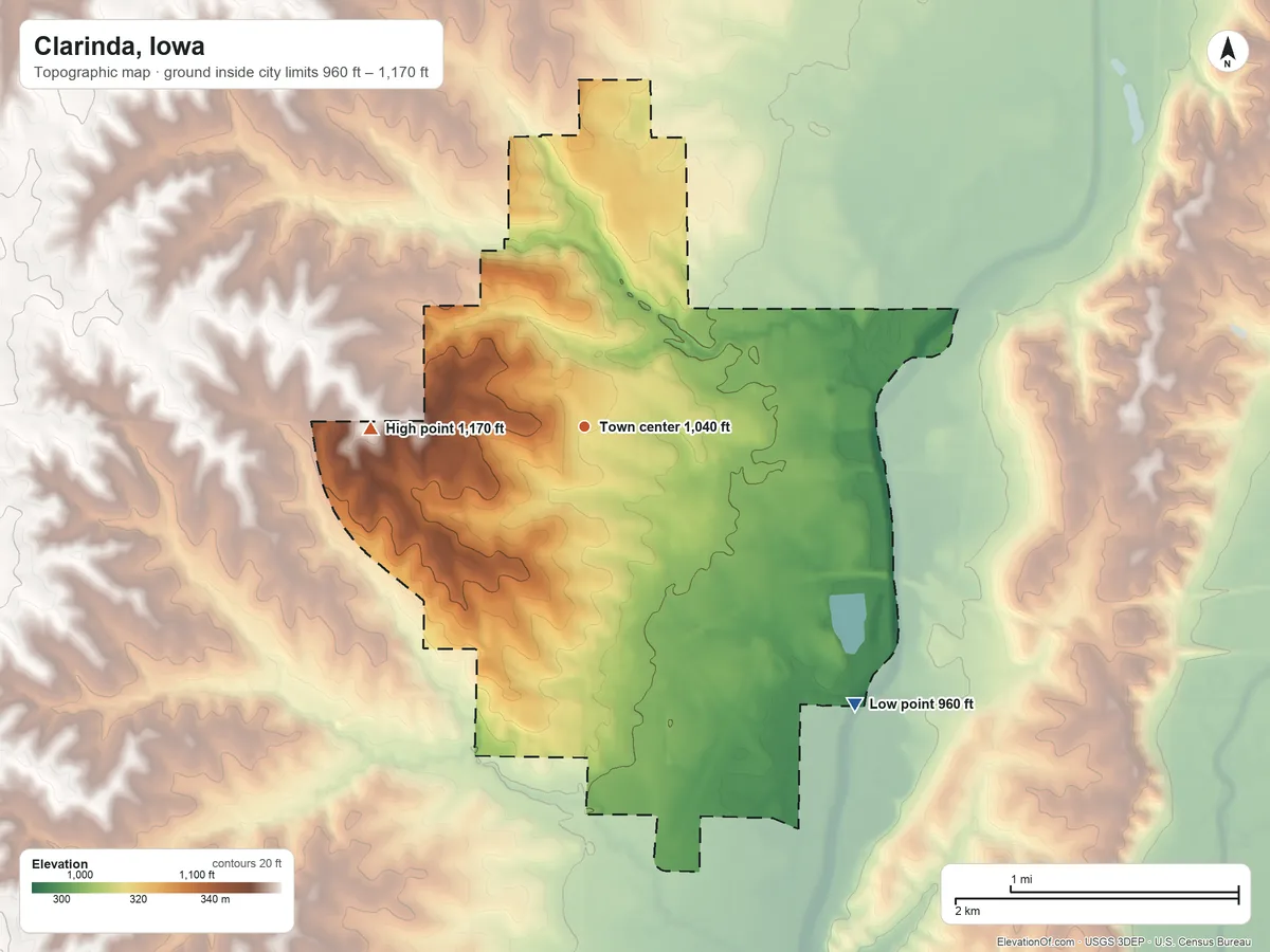 Topographic elevation map of Clarinda, Iowa, shaded from 960 ft on the southeast side to 1,170 ft on the west side
