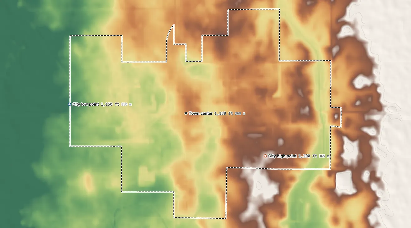 Topographic elevation map of Clarion, Iowa, shaded from 1,150 ft on the west side to 1,200 ft on the southeast side