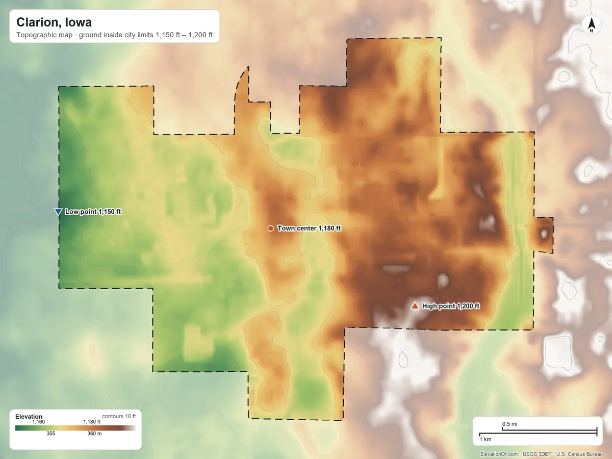 Topographic elevation map of Clarion, Iowa, shaded from 1,150 ft on the west side to 1,200 ft on the southeast side