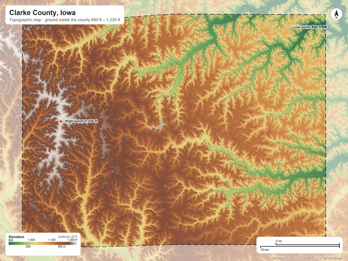 Topographic elevation map of Clarke County, Iowa, shaded from 890 ft on the northeast side to 1,220 ft on the west side