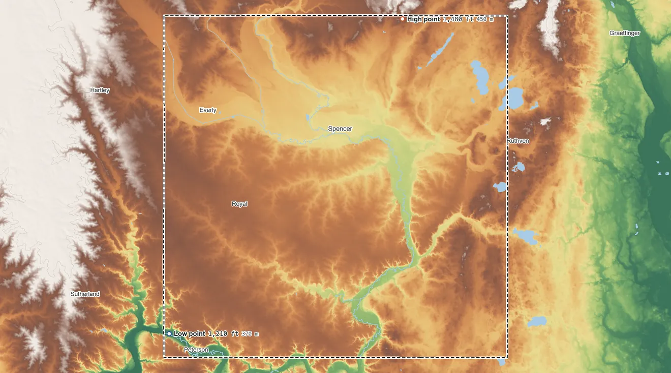 Topographic elevation map of Clay County, Iowa, shaded from 1,210 ft on the southwest side to 1,480 ft on the north side
