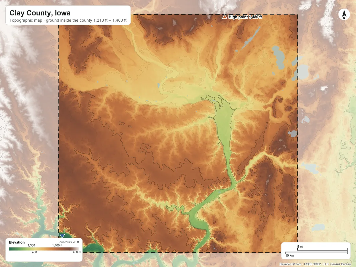 Topographic elevation map of Clay County, Iowa, shaded from 1,210 ft on the southwest side to 1,480 ft on the north side