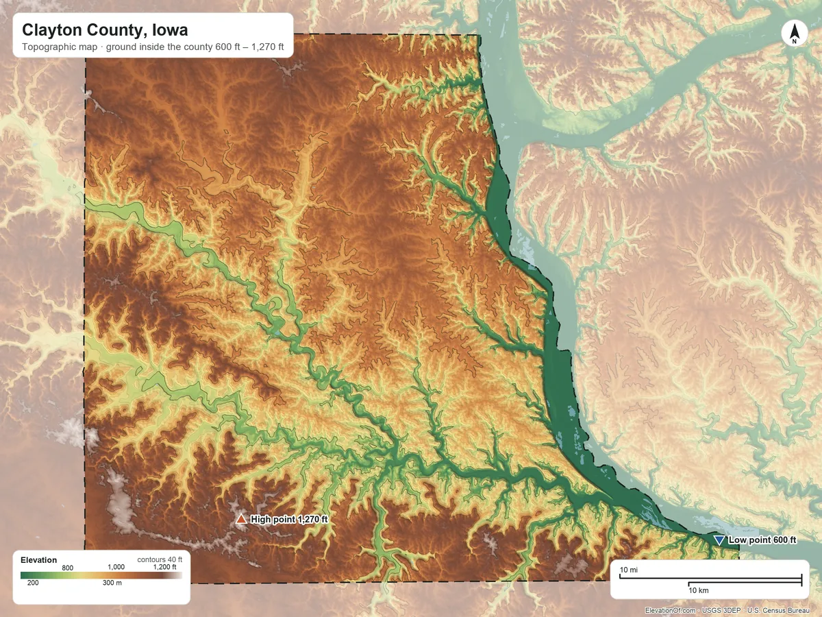 Topographic elevation map of Clayton County, Iowa, shaded from 600 ft on the southeast side to 1,270 ft on the southwest side