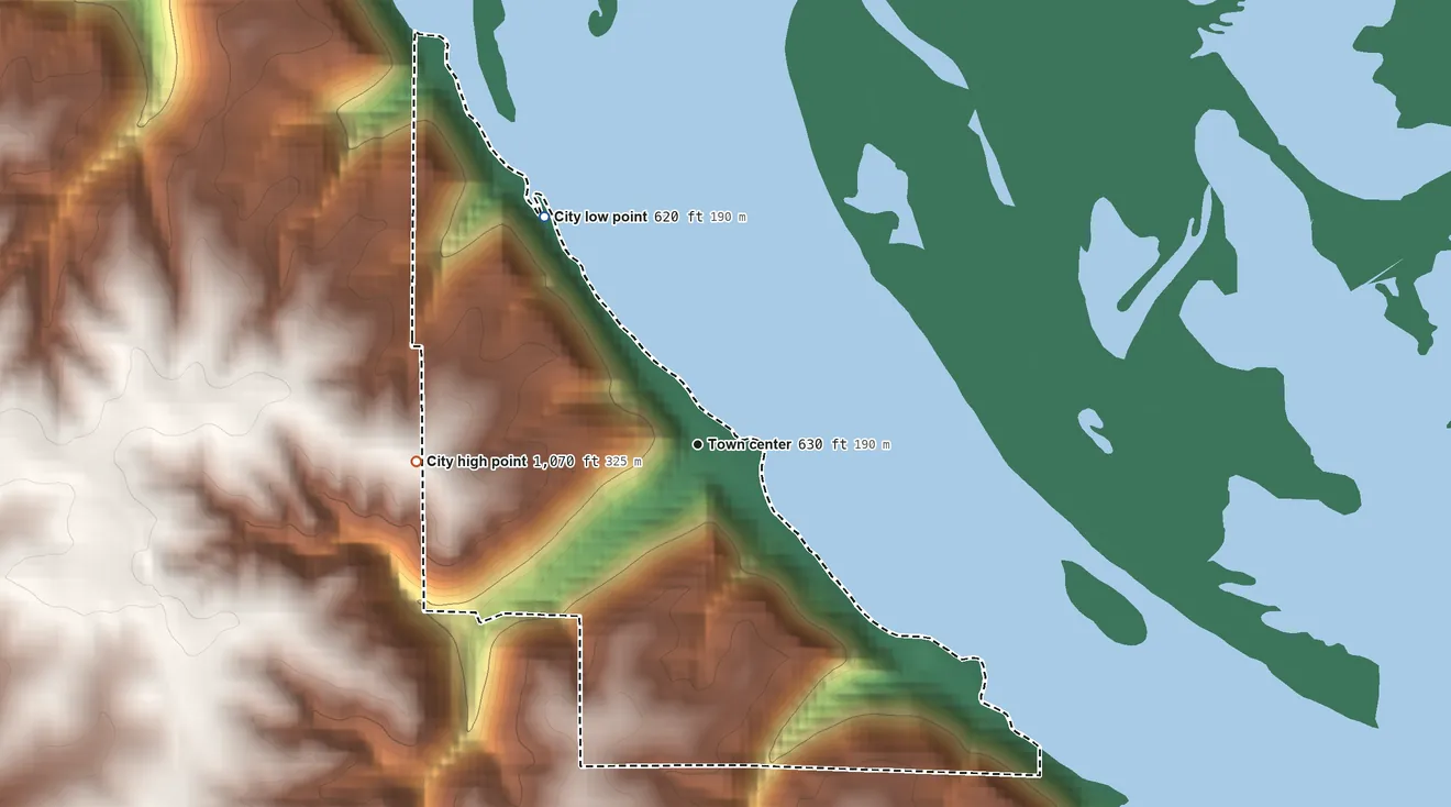 Topographic elevation map of Clayton, Iowa, shaded from 620 ft on the northwest side to 1,070 ft on the west side