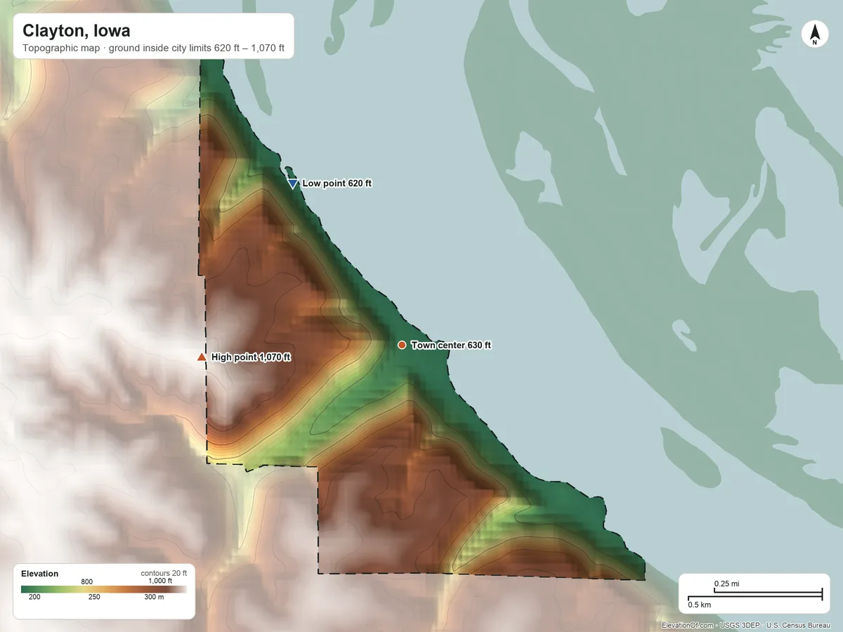 Topographic elevation map of Clayton, Iowa, shaded from 620 ft on the northwest side to 1,070 ft on the west side