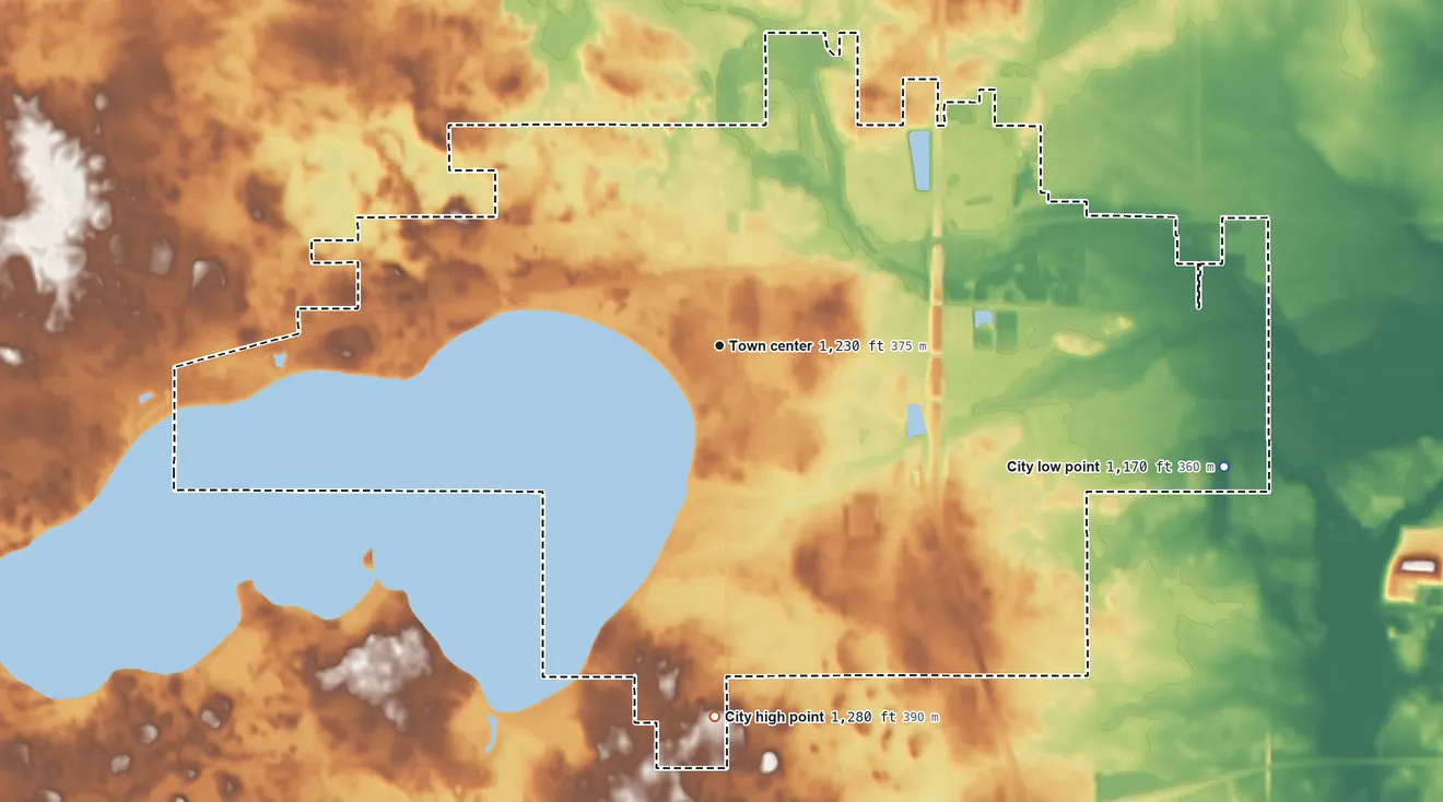 Topographic elevation map of Clear Lake, Iowa, shaded from 1,170 ft on the east side to 1,280 ft on the south side