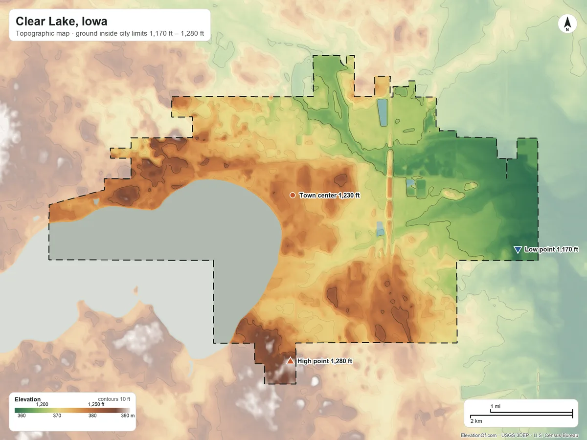 Topographic elevation map of Clear Lake, Iowa, shaded from 1,170 ft on the east side to 1,280 ft on the south side