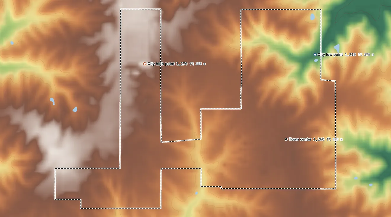 Topographic elevation map of Clearfield, Iowa, shaded from 1,210 ft on the north side to 1,270 ft on the northwest side