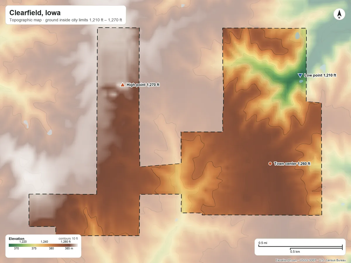 Topographic elevation map of Clearfield, Iowa, shaded from 1,210 ft on the north side to 1,270 ft on the northwest side