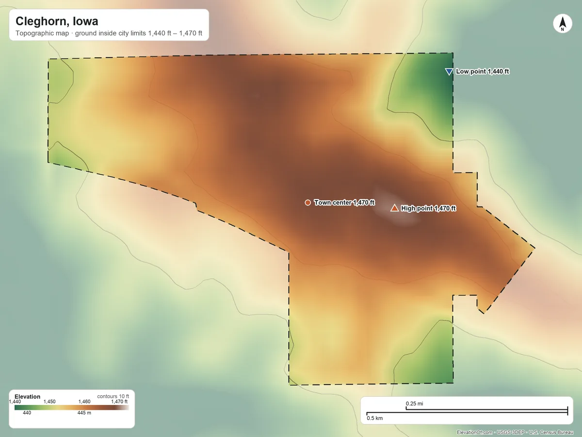 Topographic elevation map of Cleghorn, Iowa, shaded from 1,440 ft on the northeast side to 1,470 ft on the east side