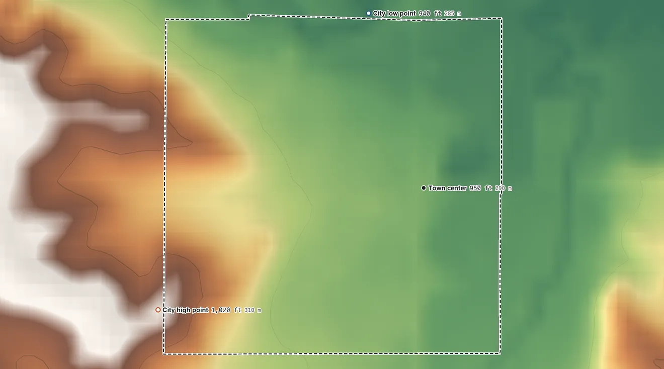 Topographic elevation map of Clemons, Iowa, shaded from 940 ft on the north side to 1,020 ft on the southwest side