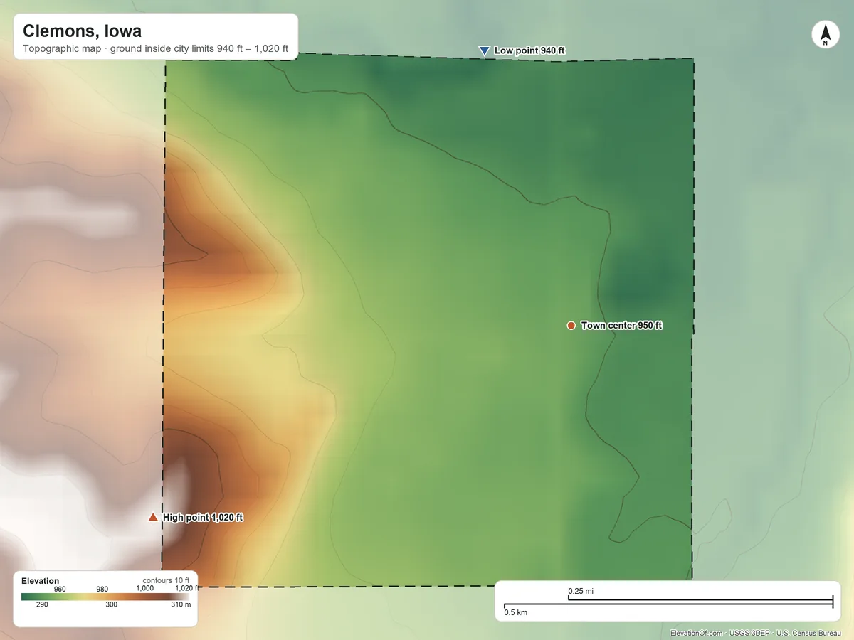 Topographic elevation map of Clemons, Iowa, shaded from 940 ft on the north side to 1,020 ft on the southwest side