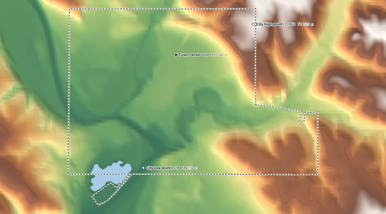 Topographic elevation map of Clermont, Iowa, shaded from 820 ft on the south side to 1,060 ft on the east side