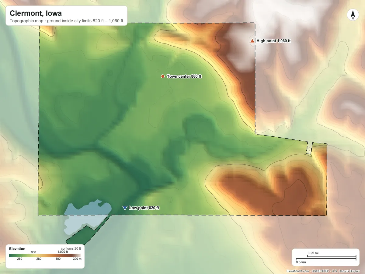 Topographic elevation map of Clermont, Iowa, shaded from 820 ft on the south side to 1,060 ft on the east side