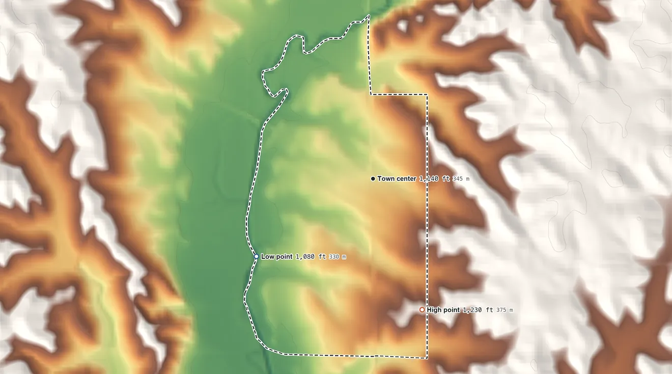Topographic elevation map of Climbing Hill, Iowa, shaded from 1,080 ft on the southwest side to 1,230 ft on the south side