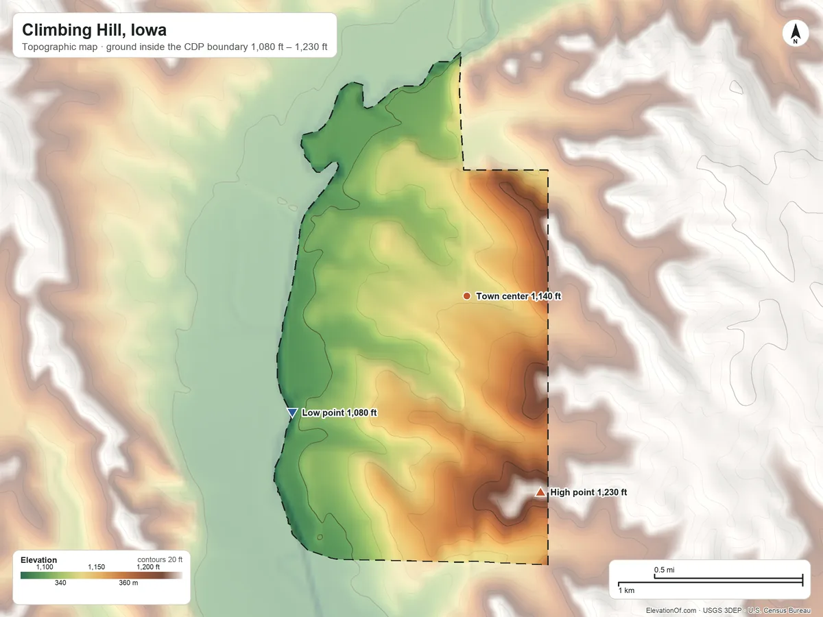 Topographic elevation map of Climbing Hill, Iowa, shaded from 1,080 ft on the southwest side to 1,230 ft on the south side