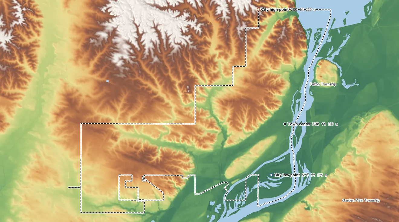 Topographic elevation map of Clinton, Iowa, shaded from 570 ft on the south side to 780 ft on the north side