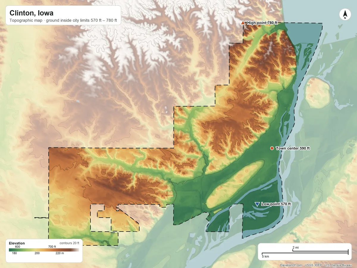 Topographic elevation map of Clinton, Iowa, shaded from 570 ft on the south side to 780 ft on the north side