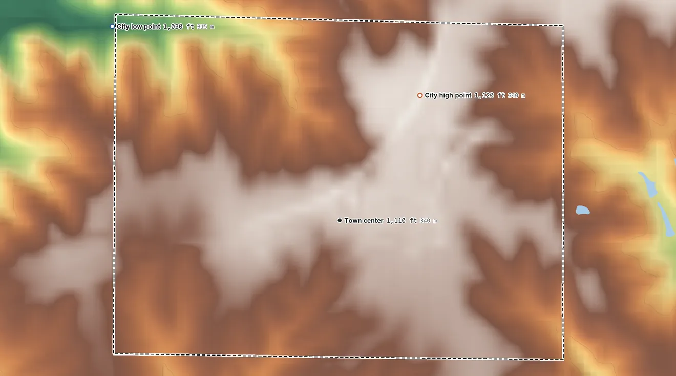 Topographic elevation map of Clio, Iowa, shaded from 1,030 ft on the northwest side to 1,120 ft on the northeast side