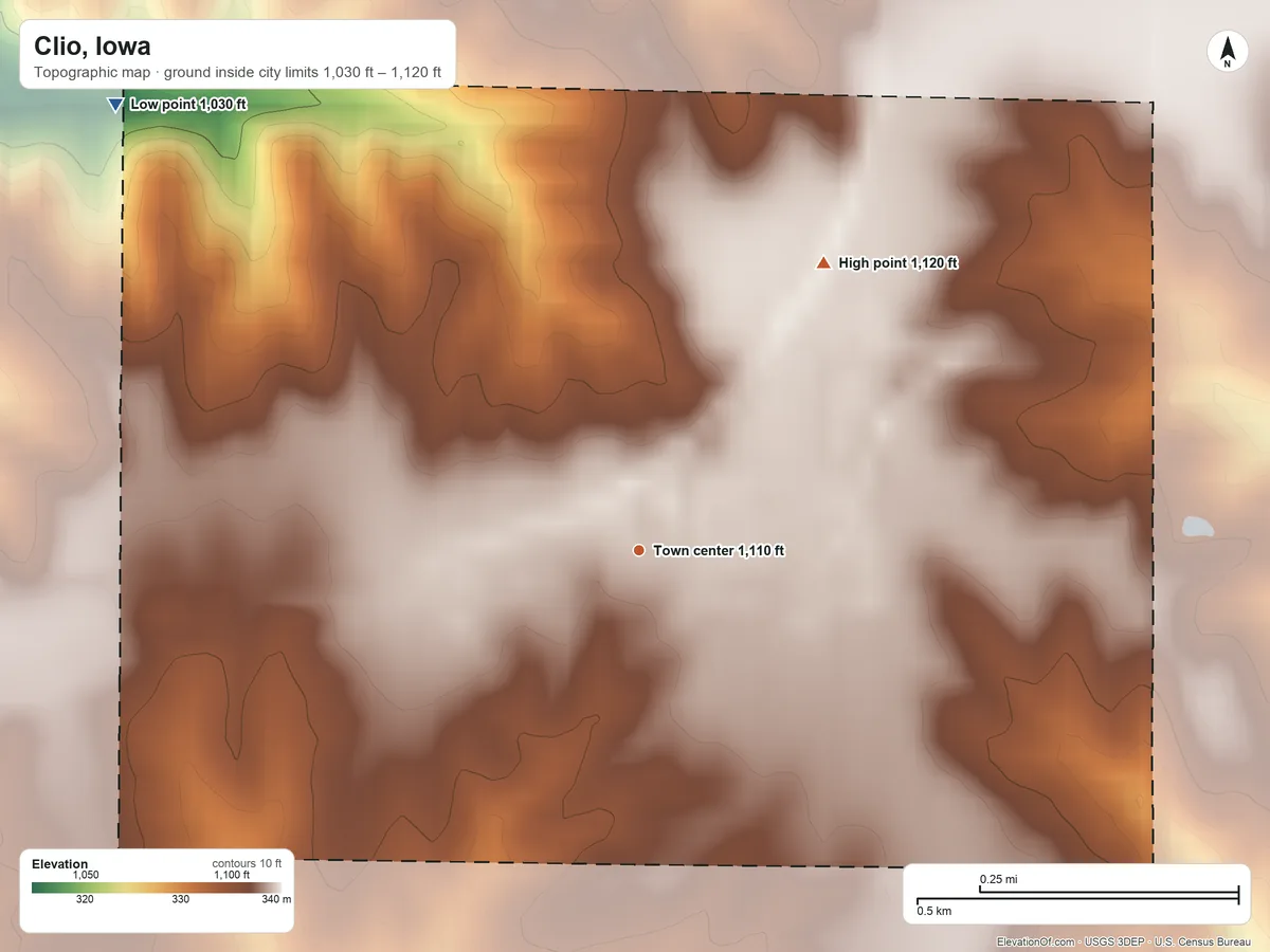 Topographic elevation map of Clio, Iowa, shaded from 1,030 ft on the northwest side to 1,120 ft on the northeast side