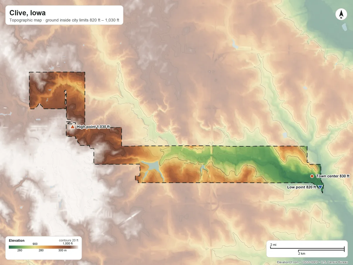 Topographic elevation map of Clive, Iowa, shaded from 820 ft near the middle to 1,030 ft on the west side