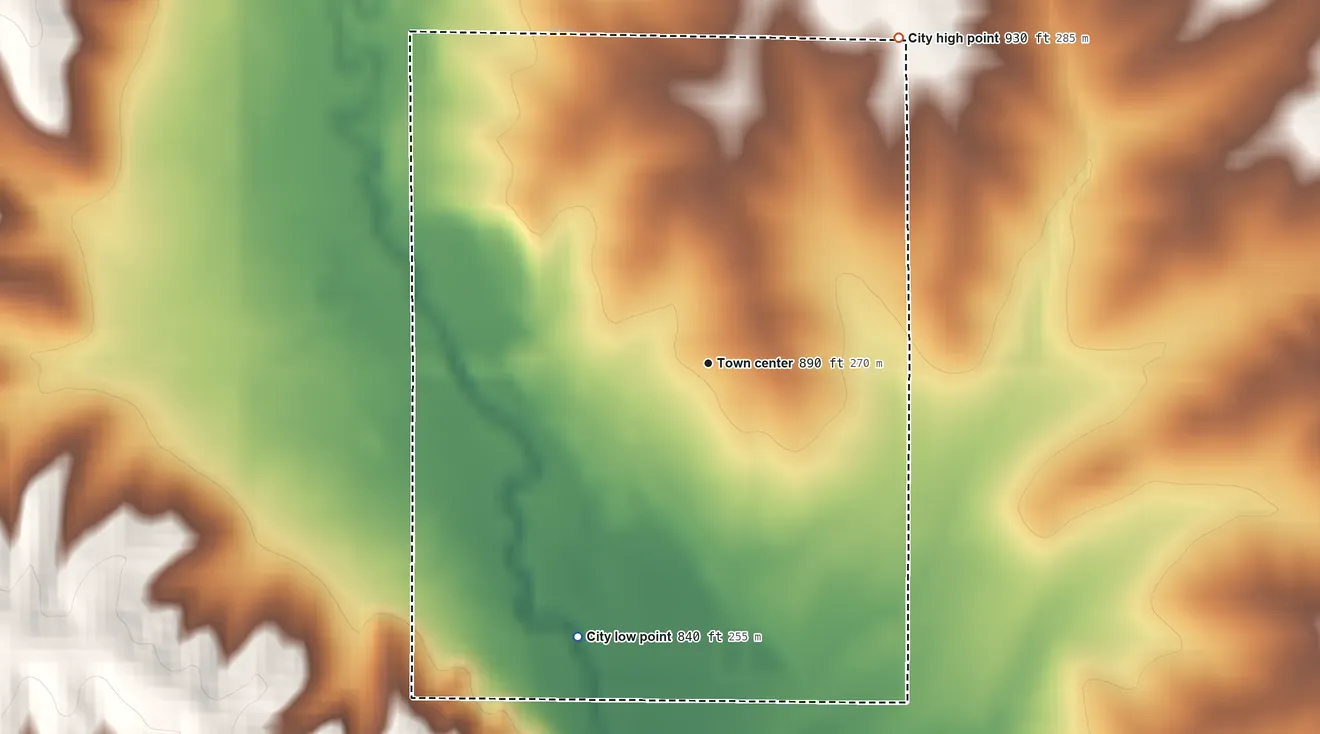 Topographic elevation map of Clutier, Iowa, shaded from 840 ft on the southwest side to 930 ft on the northeast side
