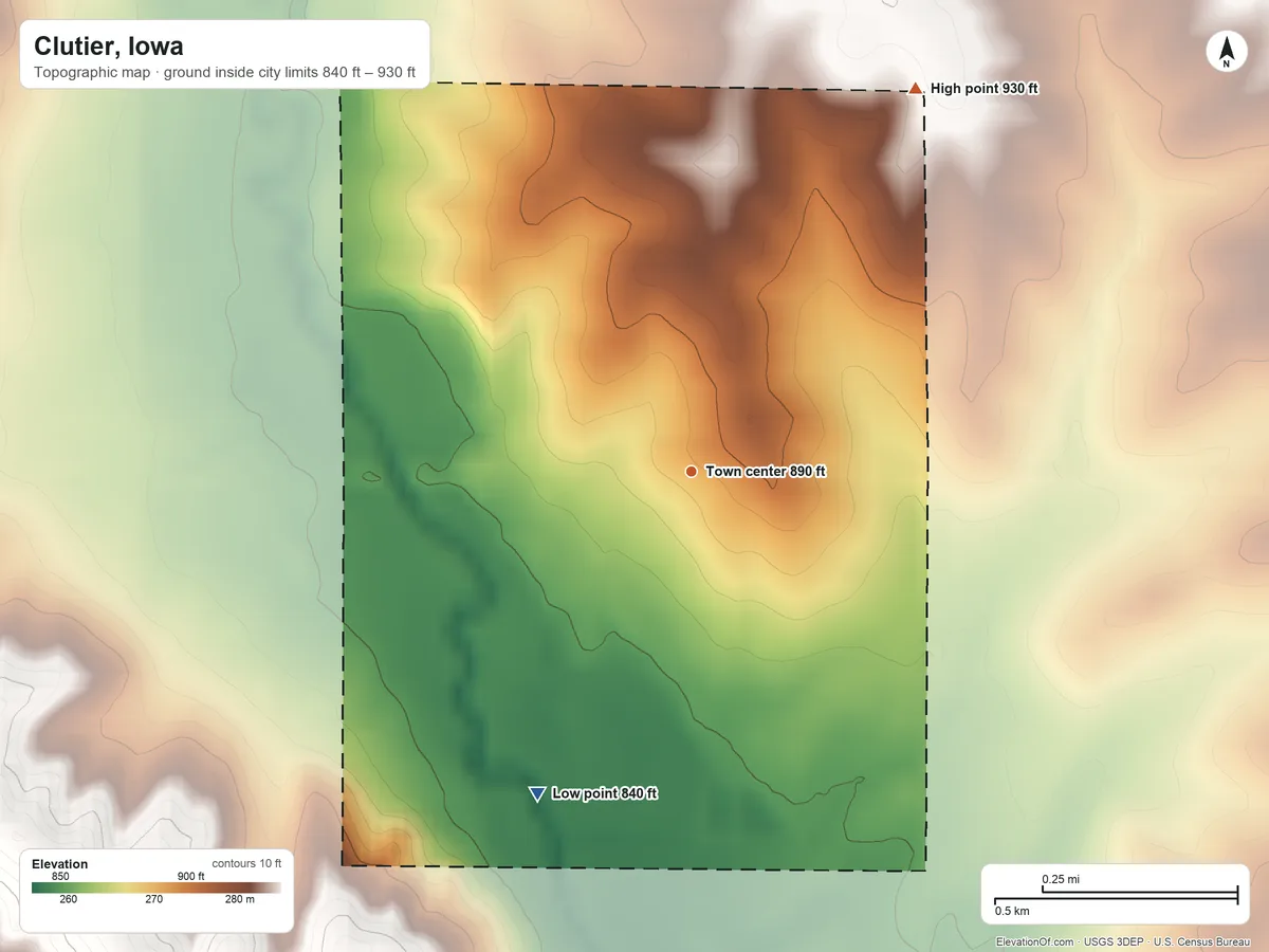 Topographic elevation map of Clutier, Iowa, shaded from 840 ft on the southwest side to 930 ft on the northeast side