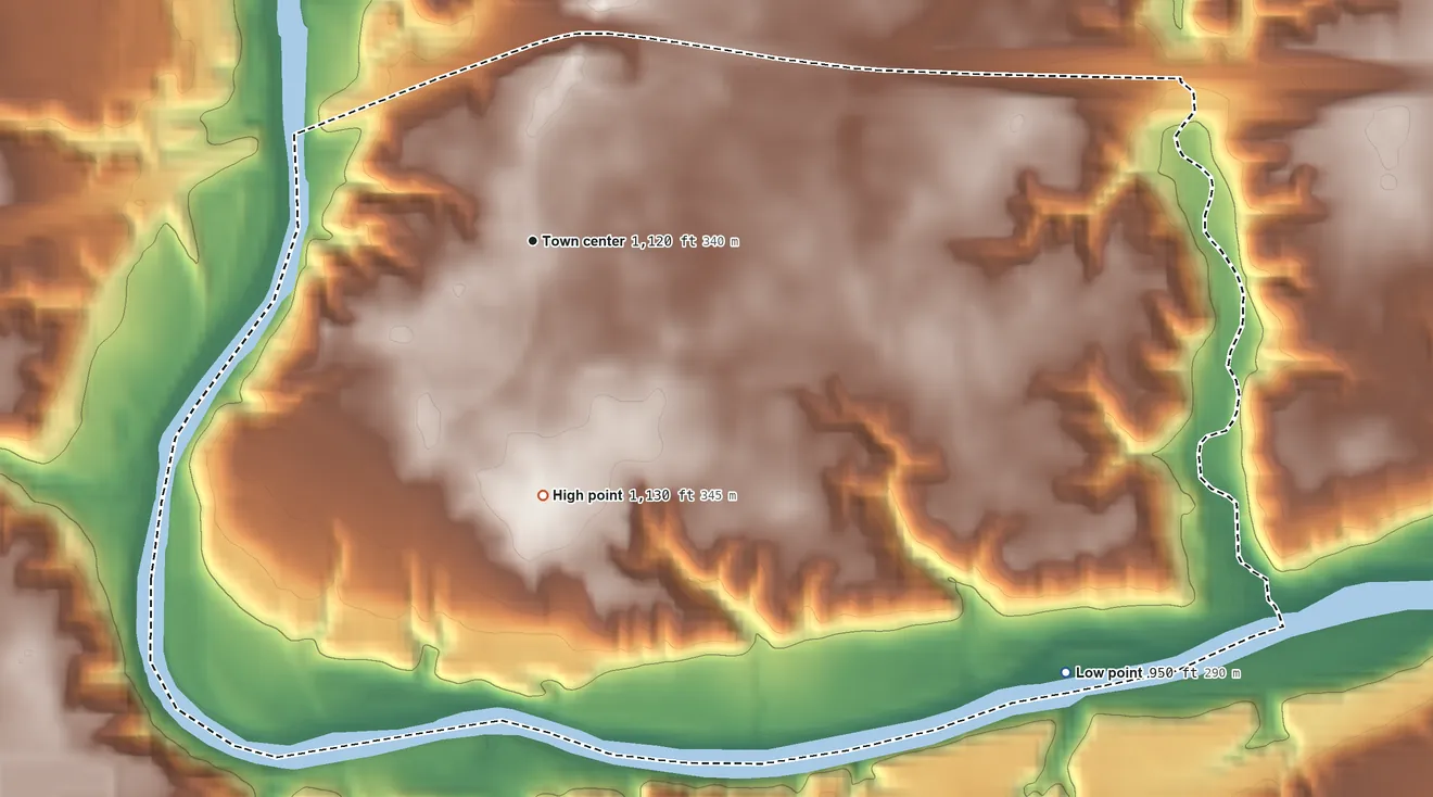 Topographic elevation map of Coalville, Iowa, shaded from 950 ft on the southeast side to 1,130 ft on the south side
