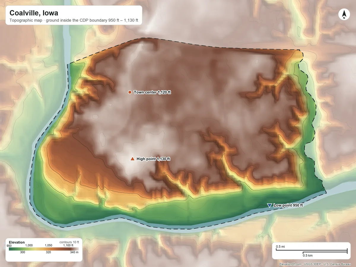 Topographic elevation map of Coalville, Iowa, shaded from 950 ft on the southeast side to 1,130 ft on the south side