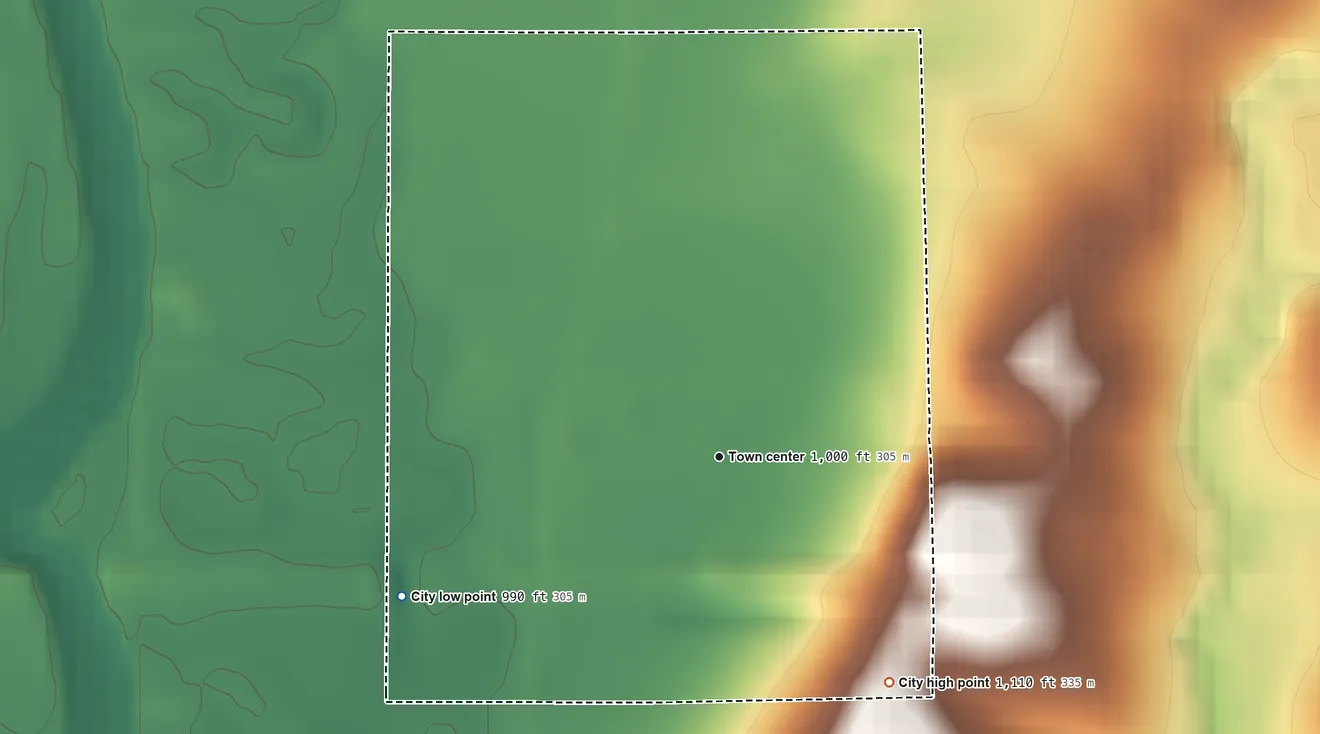 Topographic elevation map of Coburg, Iowa, shaded from 990 ft on the southwest side to 1,110 ft on the southeast side