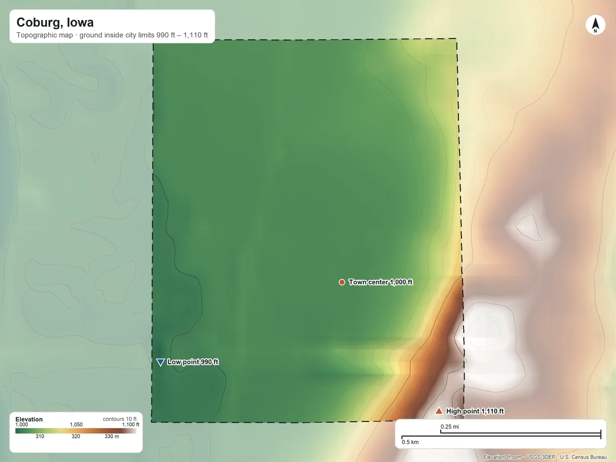 Topographic elevation map of Coburg, Iowa, shaded from 990 ft on the southwest side to 1,110 ft on the southeast side