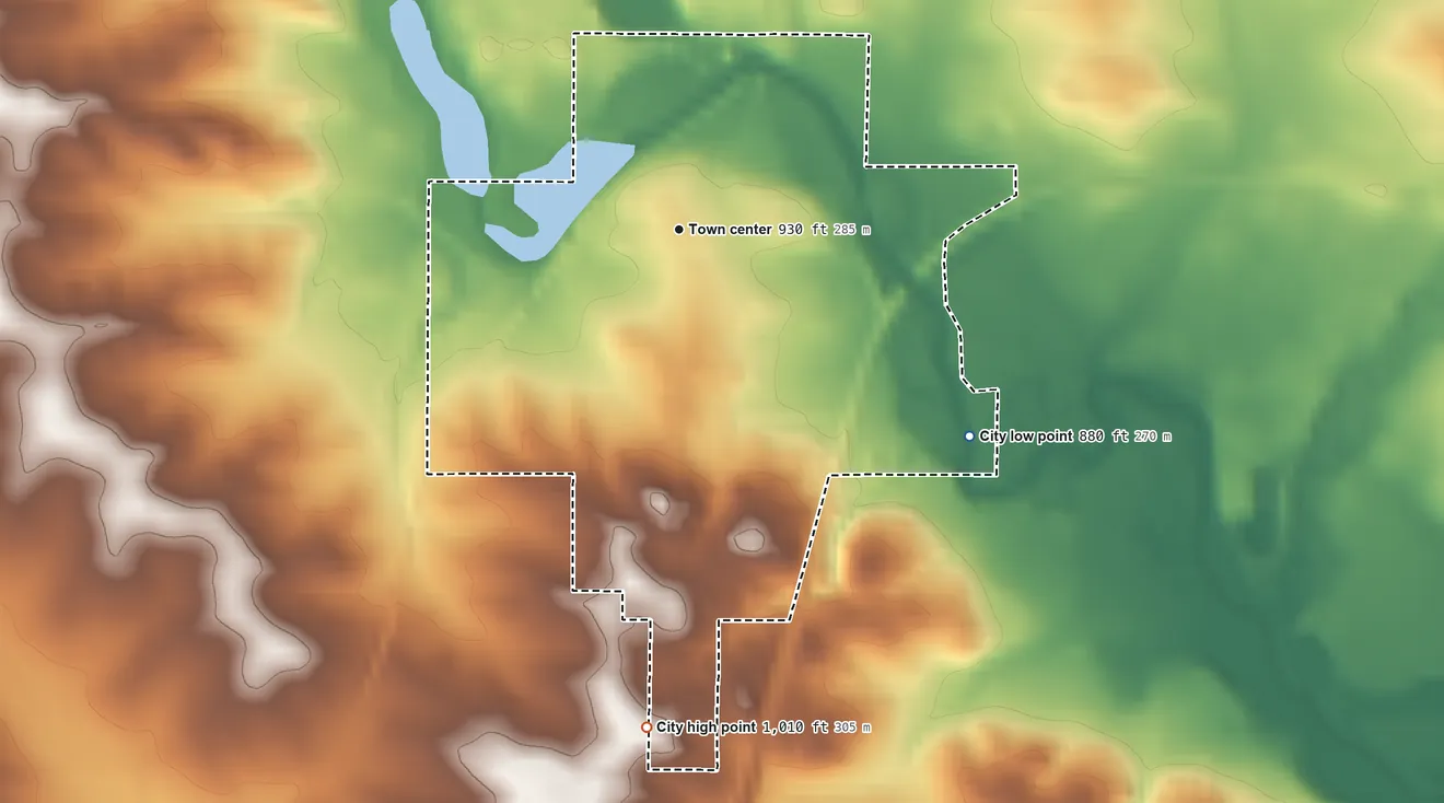 Topographic elevation map of Coggon, Iowa, shaded from 880 ft on the southeast side to 1,010 ft on the south side