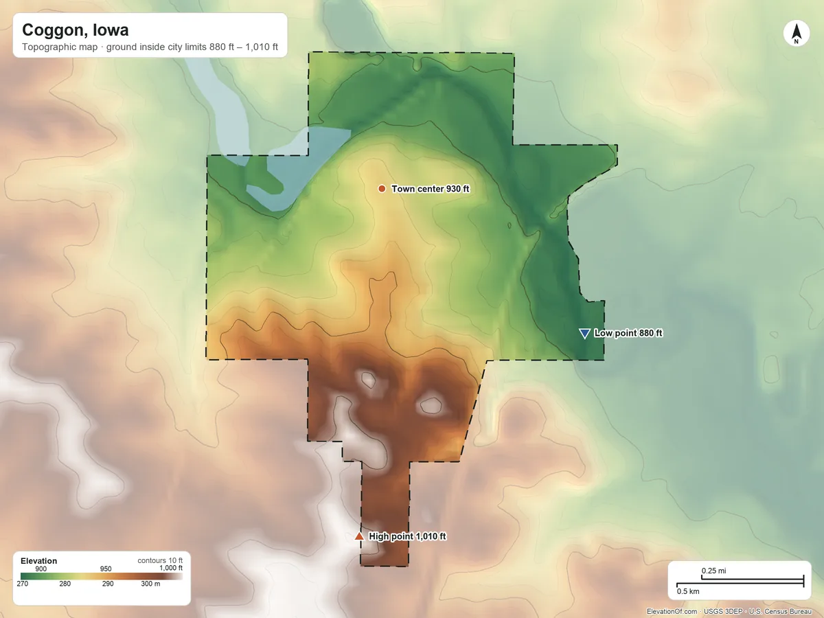 Topographic elevation map of Coggon, Iowa, shaded from 880 ft on the southeast side to 1,010 ft on the south side