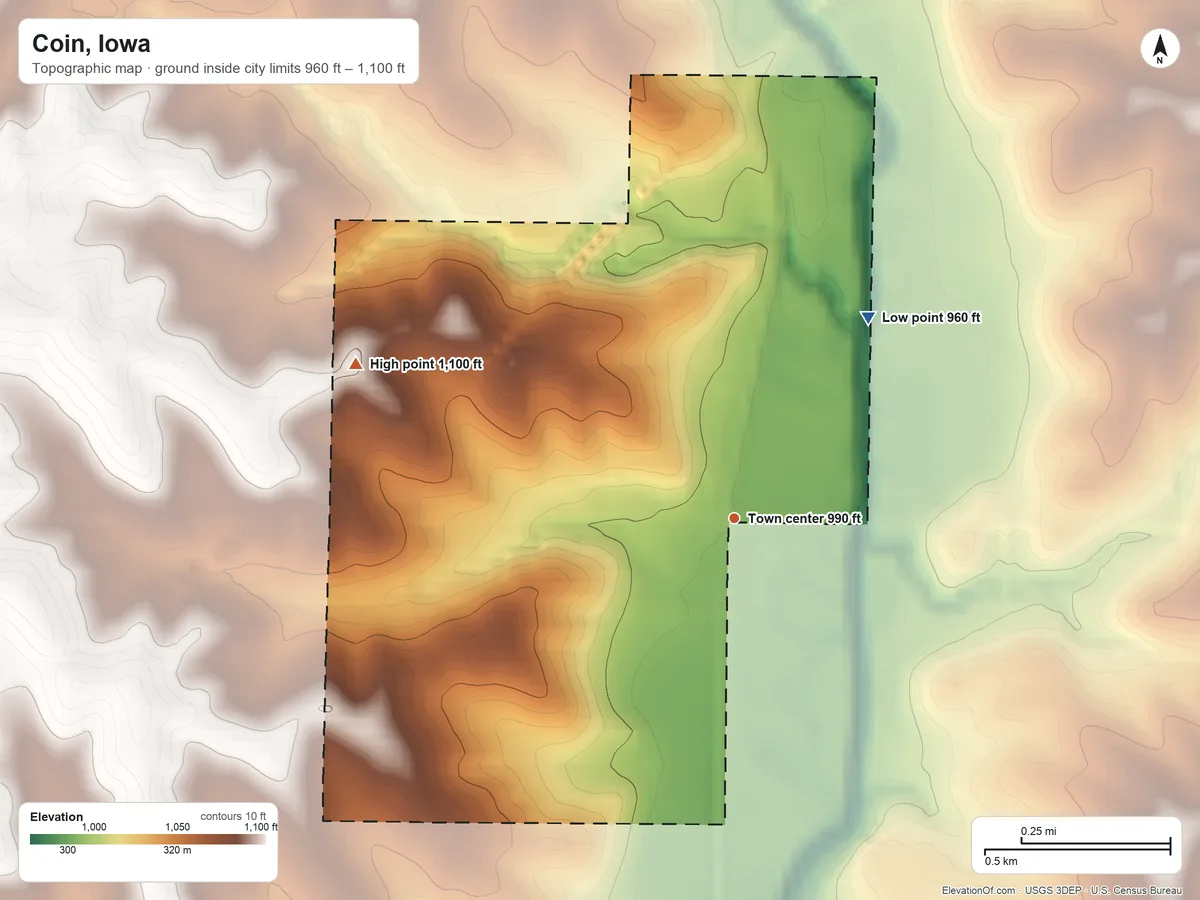Topographic elevation map of Coin, Iowa, shaded from 960 ft on the northeast side to 1,100 ft on the west side