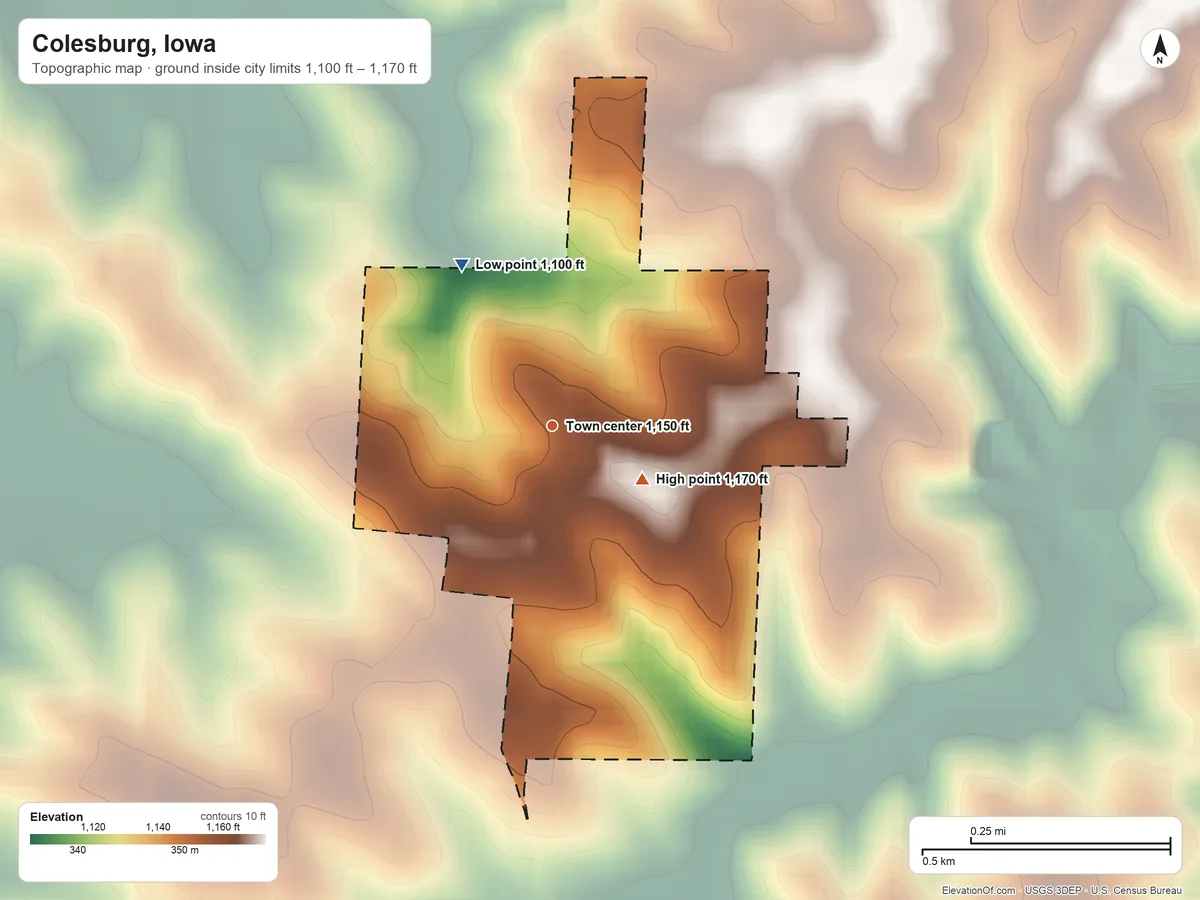 Topographic elevation map of Colesburg, Iowa, shaded from 1,100 ft on the northwest side to 1,170 ft on the southeast side