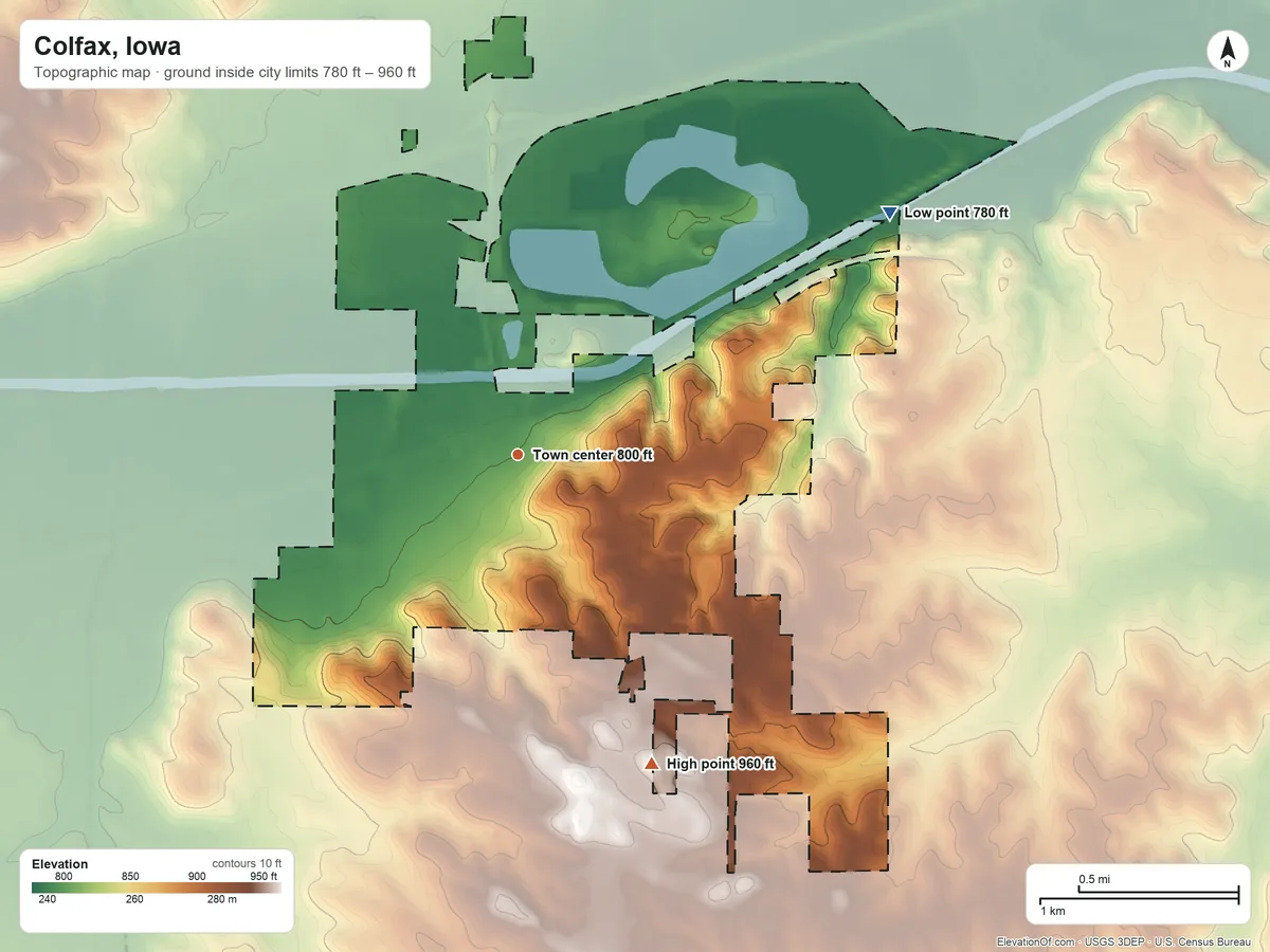 Topographic elevation map of Colfax, Iowa, shaded from 780 ft on the northeast side to 960 ft on the southeast side