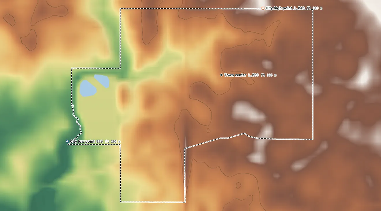 Topographic elevation map of Collins, Iowa, shaded from 970 ft on the southwest side to 1,010 ft on the northeast side