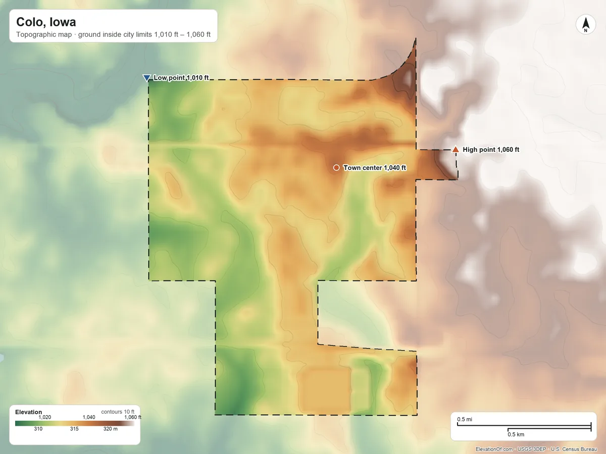 Topographic elevation map of Colo, Iowa, shaded from 1,010 ft on the northwest side to 1,060 ft on the east side
