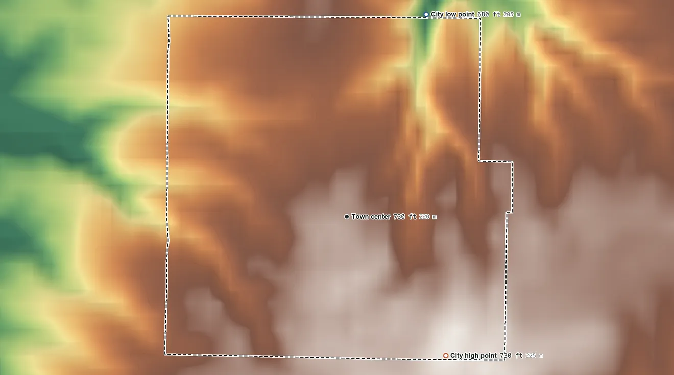Topographic elevation map of Columbus City, Iowa, shaded from 680 ft on the north side to 730 ft on the southeast side