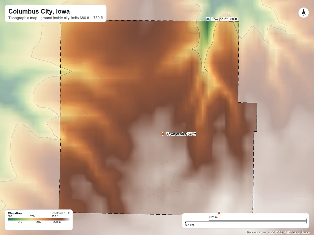Topographic elevation map of Columbus City, Iowa, shaded from 680 ft on the north side to 730 ft on the southeast side