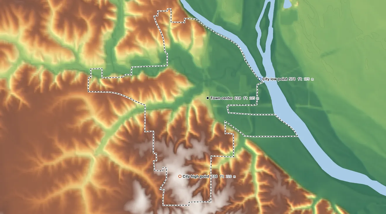 Topographic elevation map of Columbus Junction, Iowa, shaded from 570 ft on the east side to 730 ft on the south side