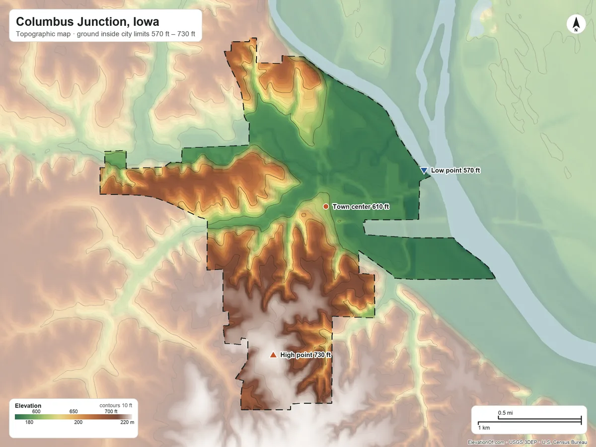 Topographic elevation map of Columbus Junction, Iowa, shaded from 570 ft on the east side to 730 ft on the south side