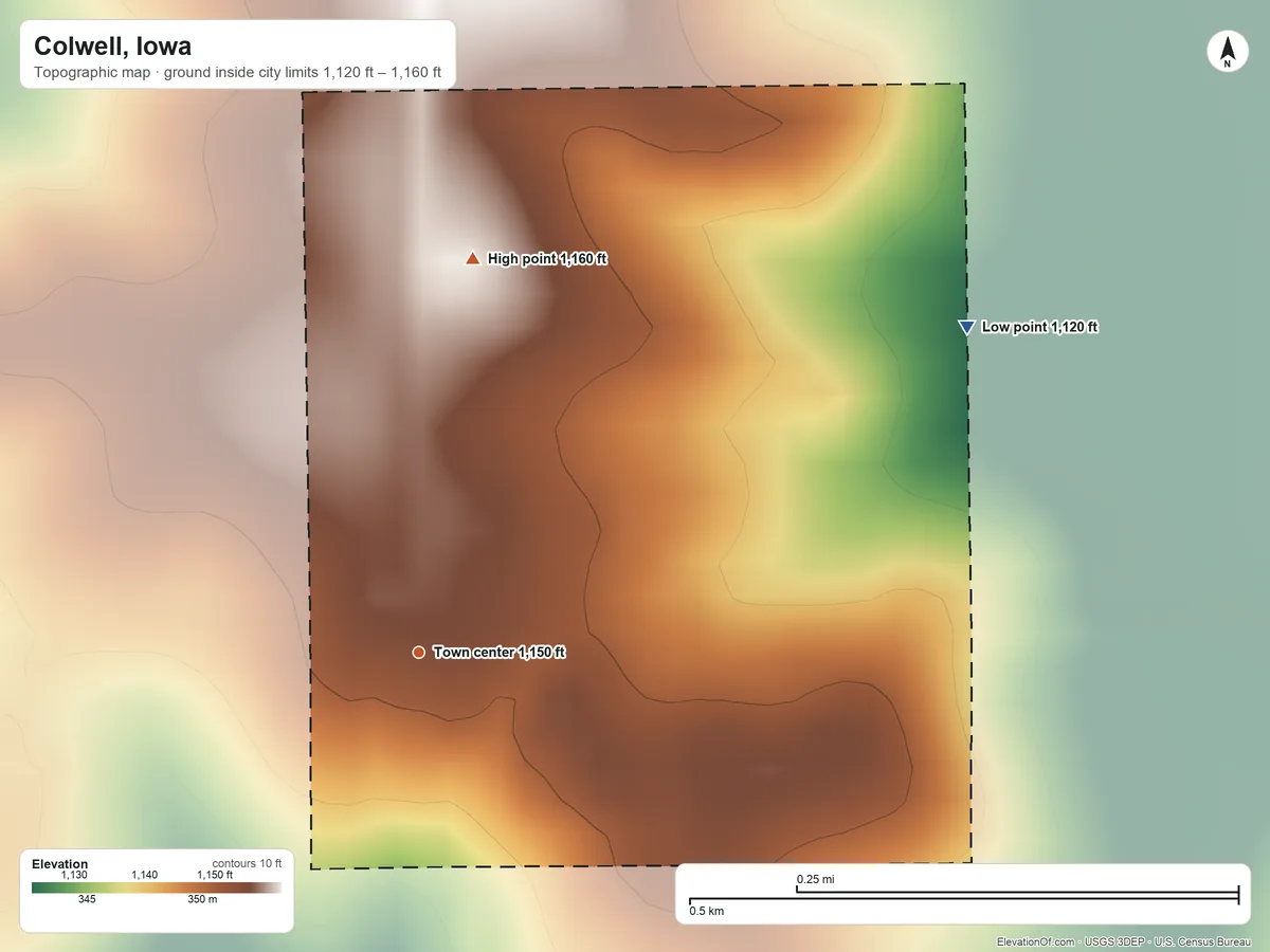Topographic elevation map of Colwell, Iowa, shaded from 1,120 ft on the northeast side to 1,160 ft on the north side