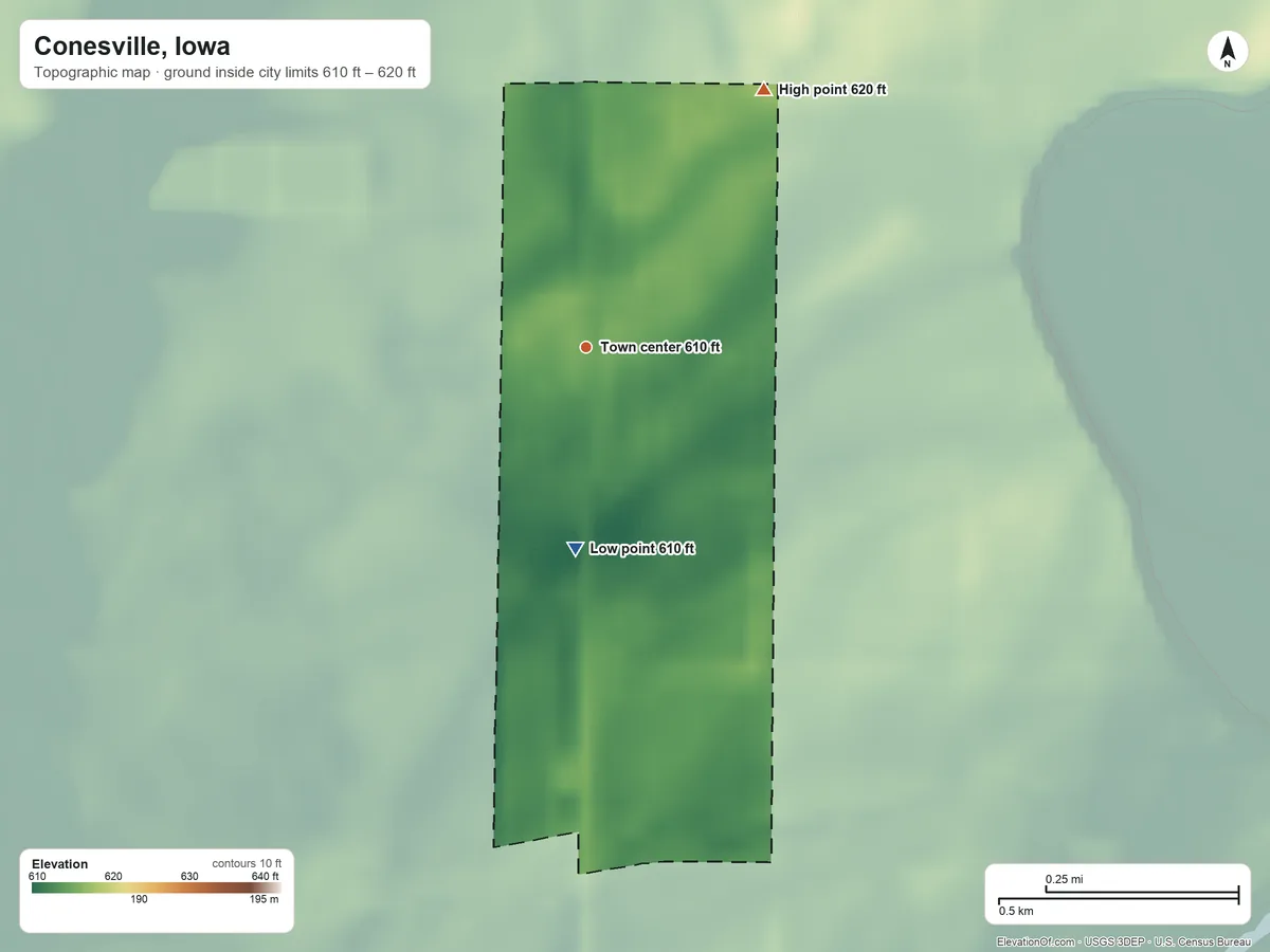 Topographic elevation map of Conesville, Iowa, shaded from 610 ft on the south side to 620 ft on the northeast side