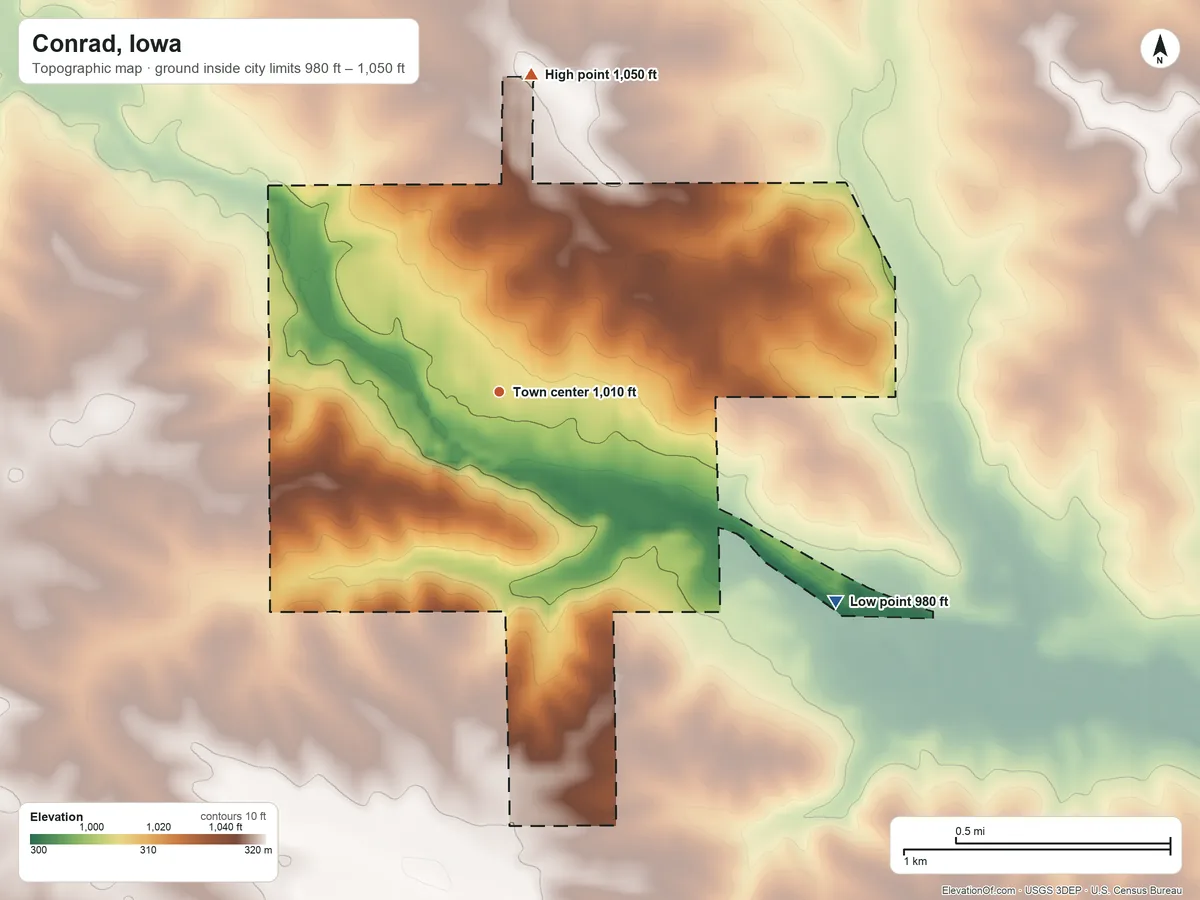 Topographic elevation map of Conrad, Iowa, shaded from 980 ft on the southeast side to 1,050 ft on the north side