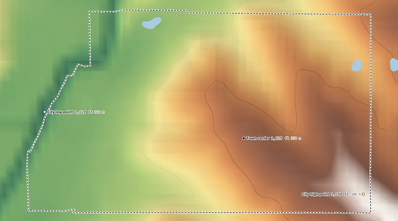 Topographic elevation map of Conway, Iowa, shaded from 1,120 ft on the west side to 1,240 ft on the southeast side