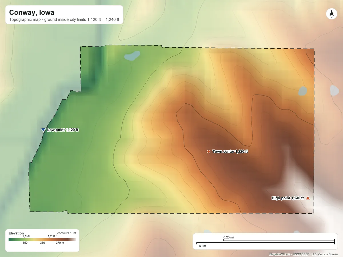 Topographic elevation map of Conway, Iowa, shaded from 1,120 ft on the west side to 1,240 ft on the southeast side